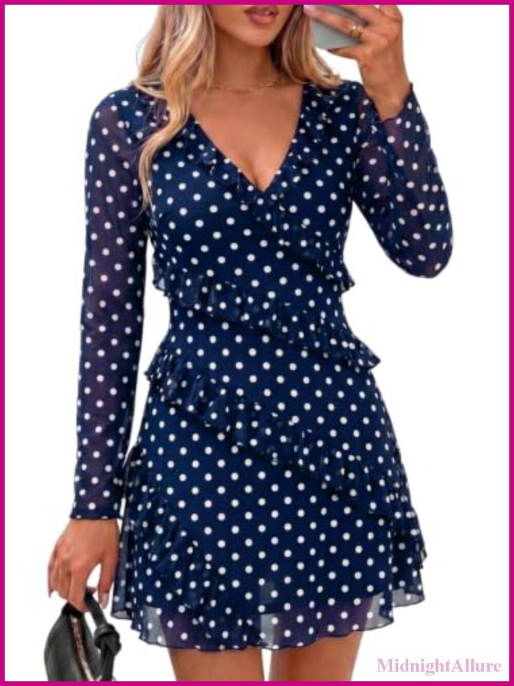 Women's Polka Dot Mini Dress Long Sleeve V-Neck Ruffle Party